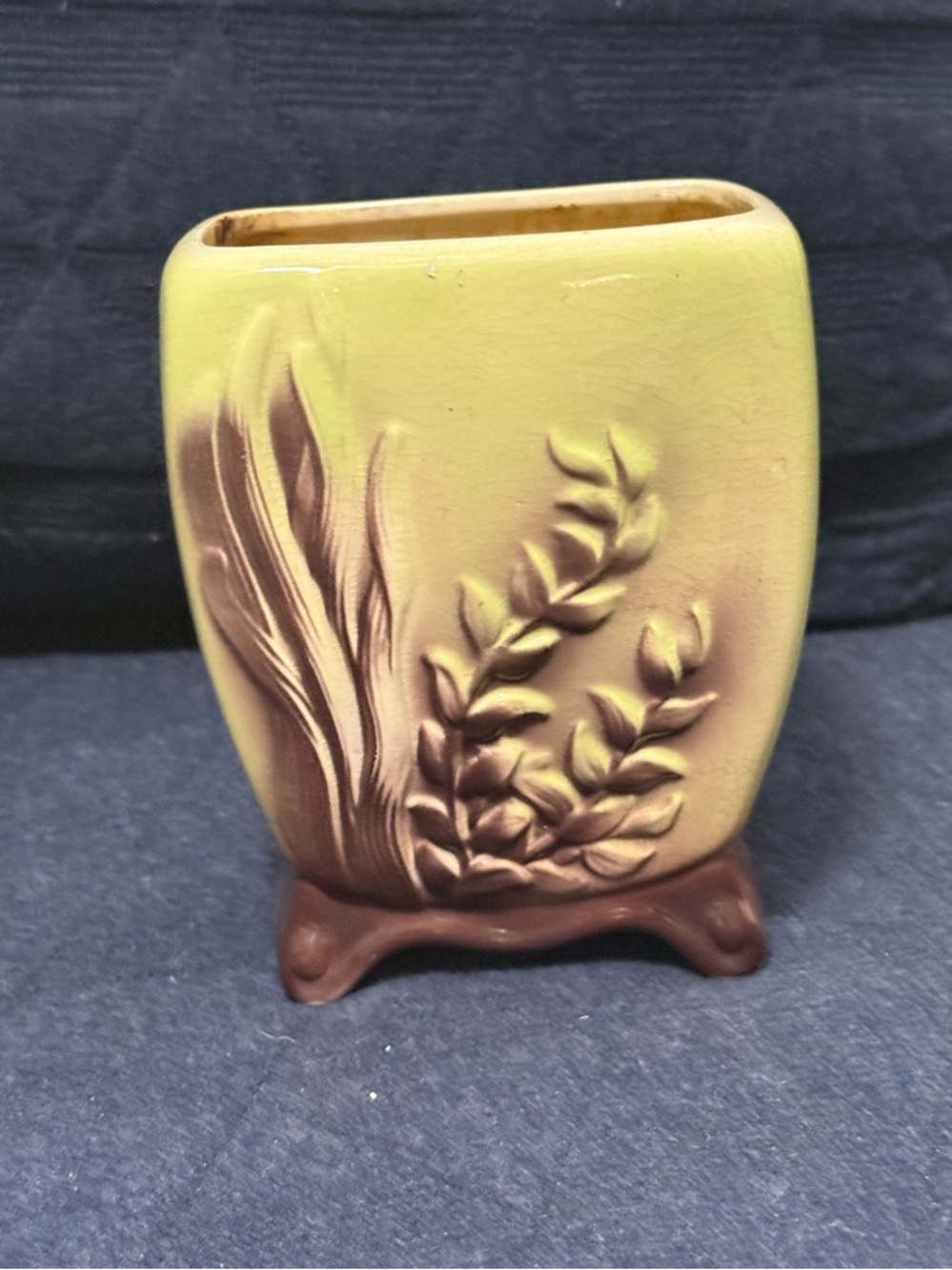 Vintage Royal Copley Ceramic Footed Chartreuse Green Seaweed Footed Vase Planter